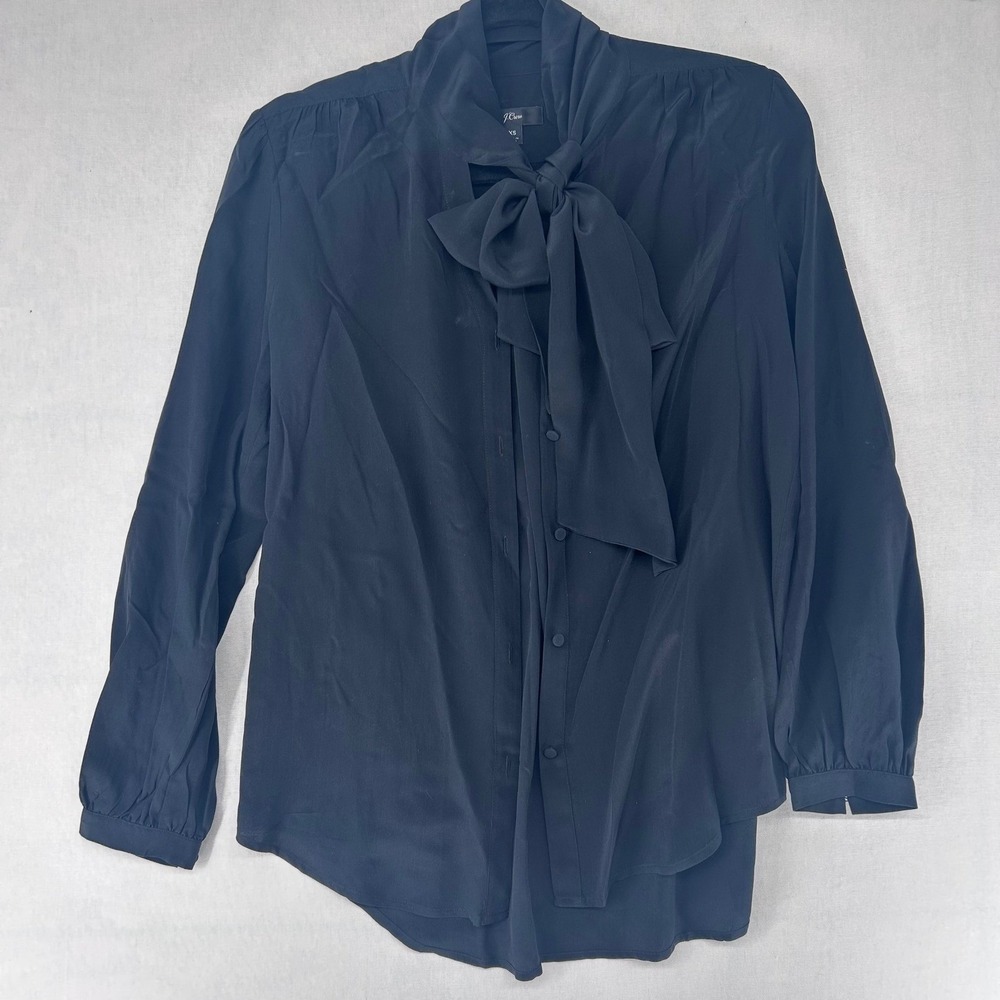 J.Crew Black Tie Neck Bow Blouse Long Sleeve Button Front Top XS